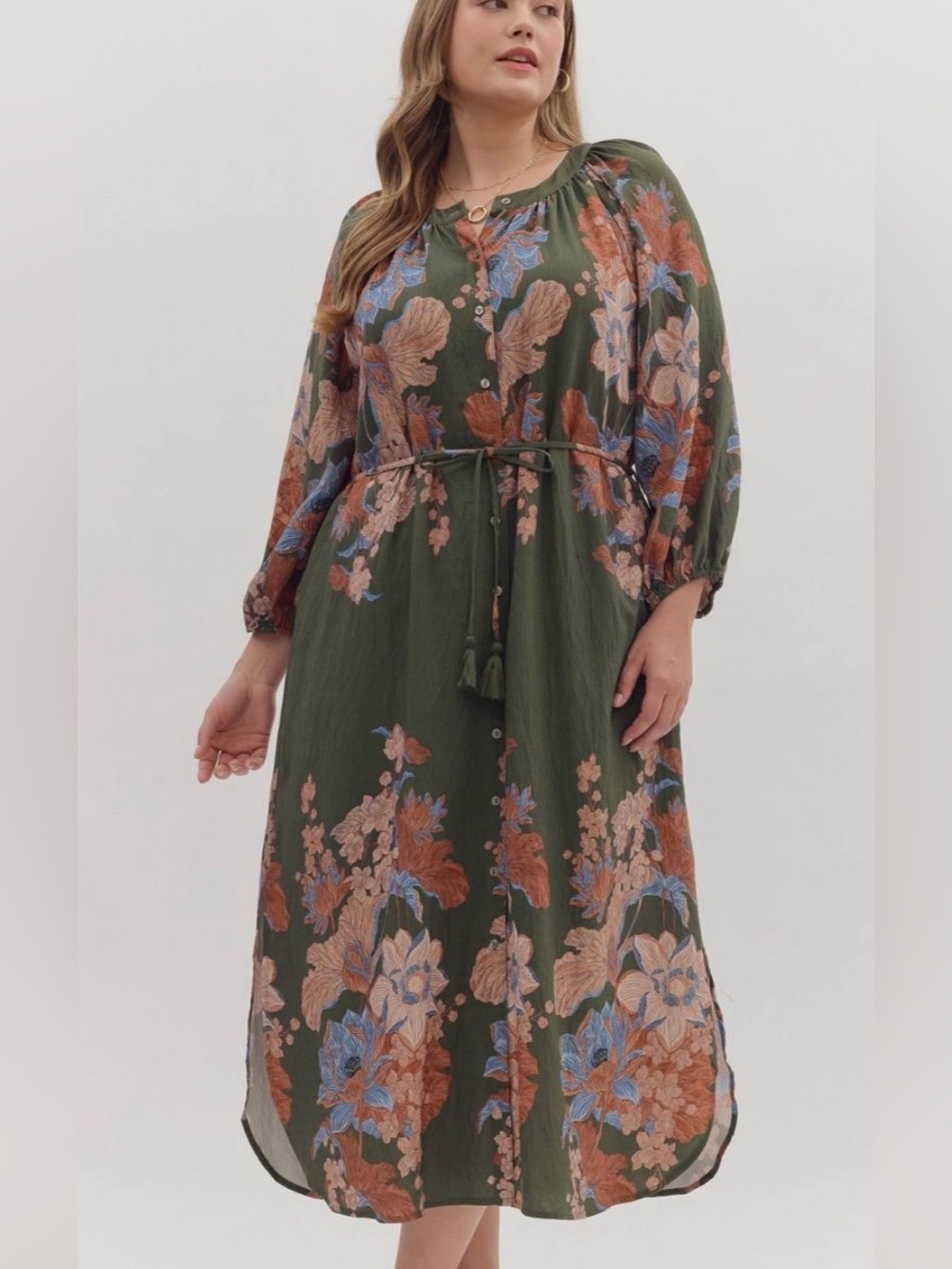 New!Entro Boutique Floral Tie-Waist Midi Dress in Olive Size 2X
